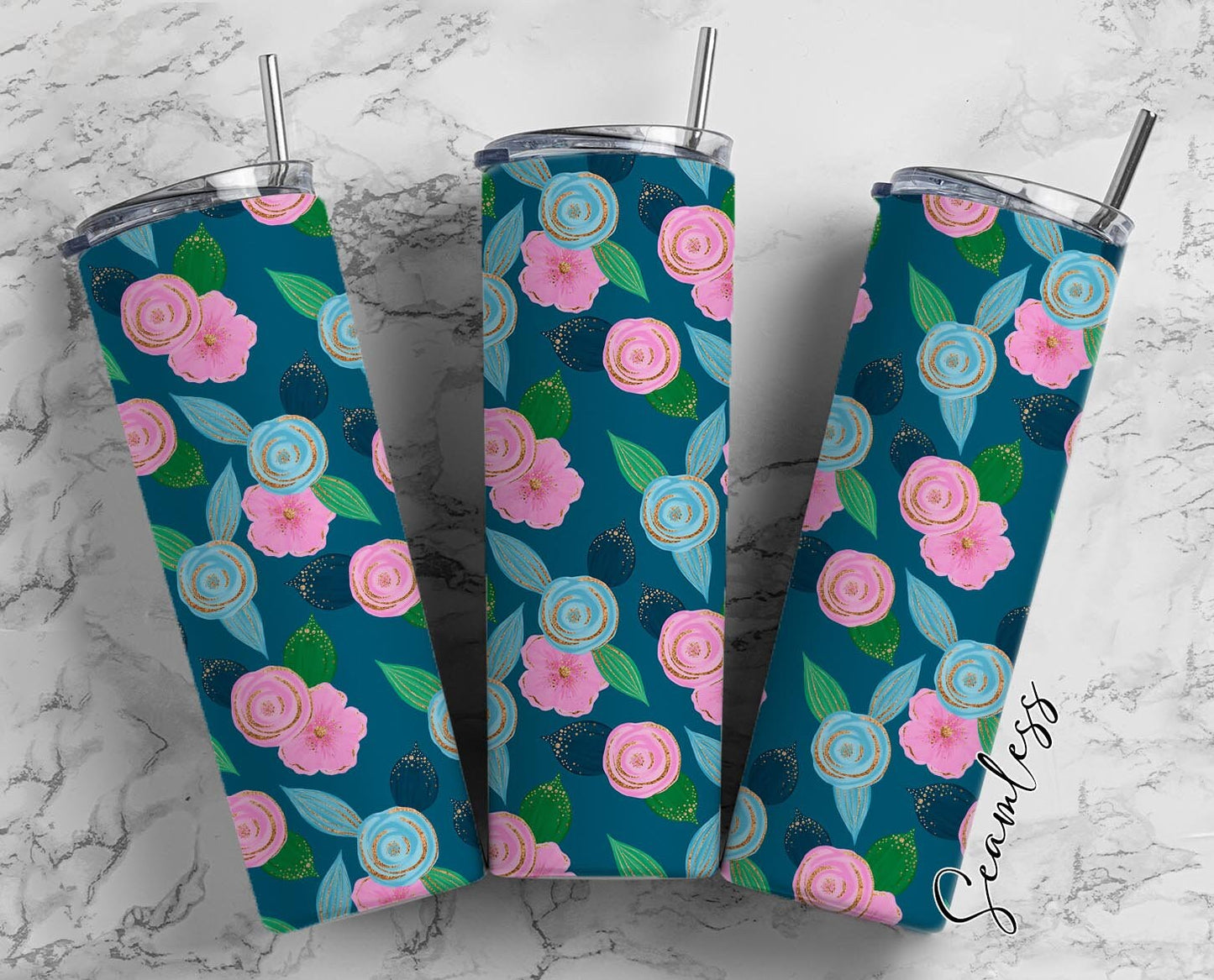 Flowers Pattern, Floral Design, Flowers Background 20oz Tumbler Wrap, Seamless Skinny Tumbler, Sublimation Design PNG - 1682