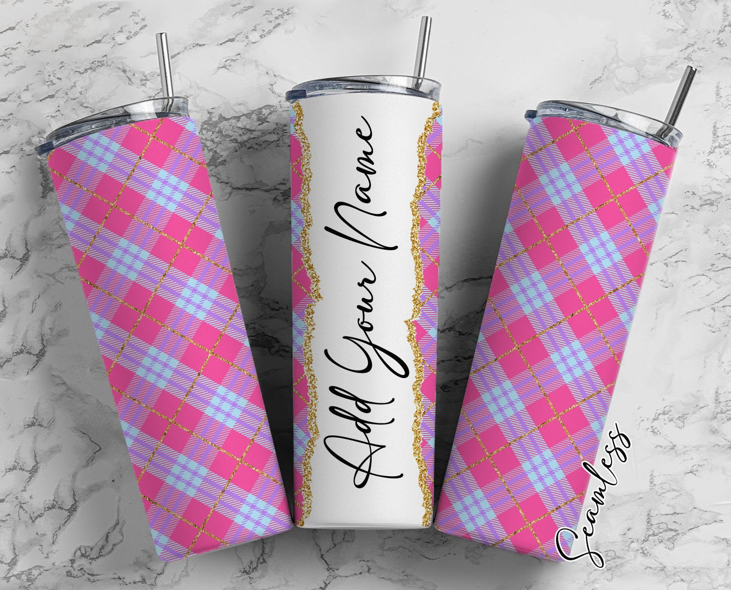 Pink Plaid Seamless Add Your Own Name, 20oz Sublimation Tumbler Designs, Skinny Tumbler Wraps Template - 244