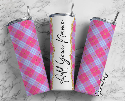 Pink Plaid Seamless Add Your Own Name, 20oz Sublimation Tumbler Designs, Skinny Tumbler Wraps Template - 244