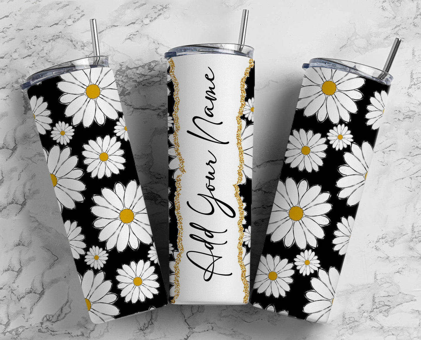 Daisy Flowers Add Your Own Text Name Monogram Sublimation Tumbler Designs Floral - 20oz Skinny Tumbler Wraps Templates - PNG 90 PATTERN