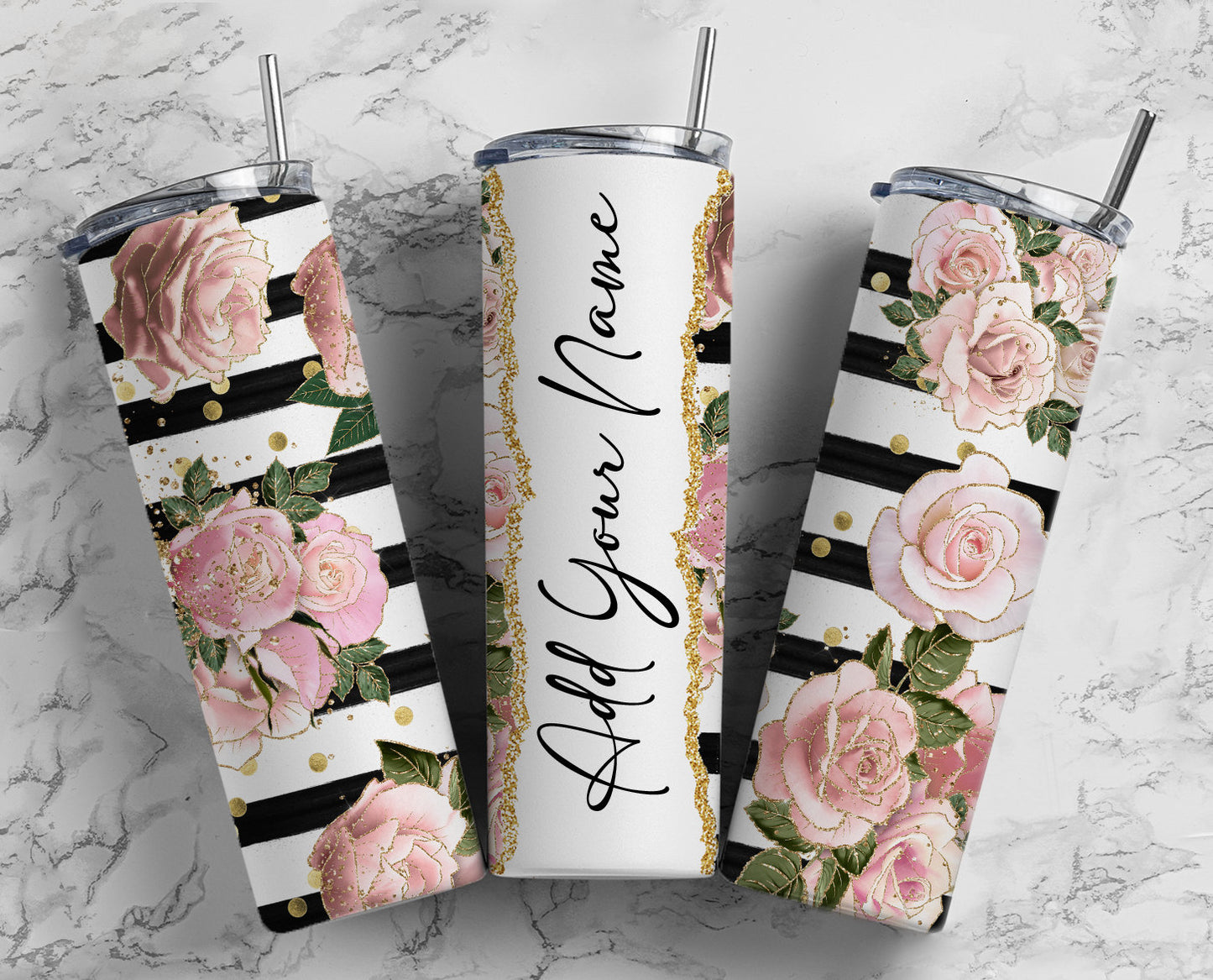 Floral Striped Add Your Own Text Name Monogram Sublimation Tumbler Designs Floral - 20oz Skinny Tumbler Wraps Templates - PNG 97 PATTERN