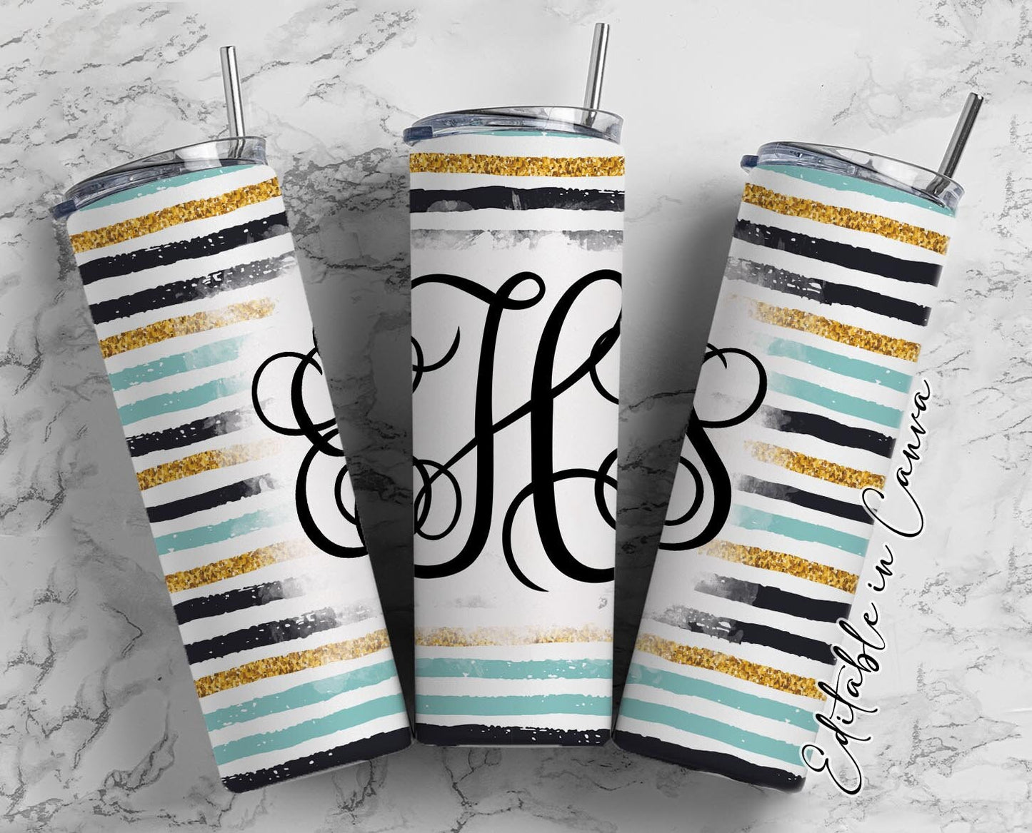 EDITABLE Gold Monogram 20oz Straight Tumbler Wrap Designs, Make Your Own Custom Peronalized Design, Blue Stripes Easy Canva Tempalte