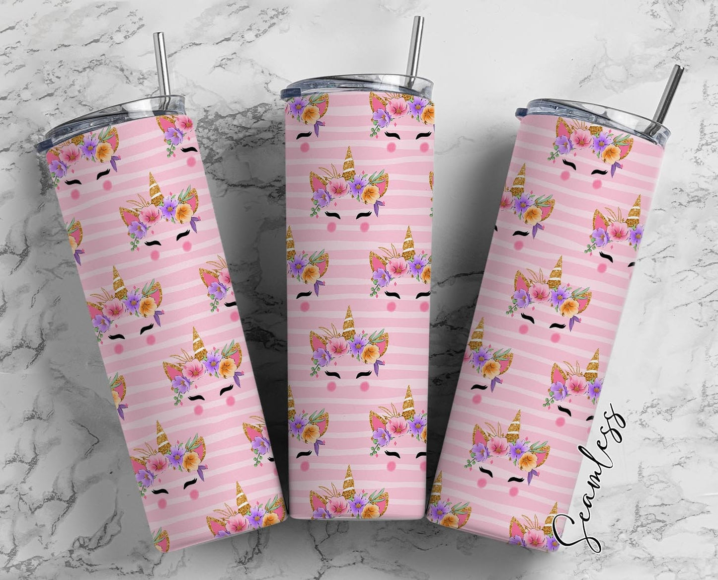 Cute Unicorn Pattern, Pink Stripes Background 20oz Tumbler Wrap, Seamless Skinny Tumbler, Sublimation Design PNG - 834