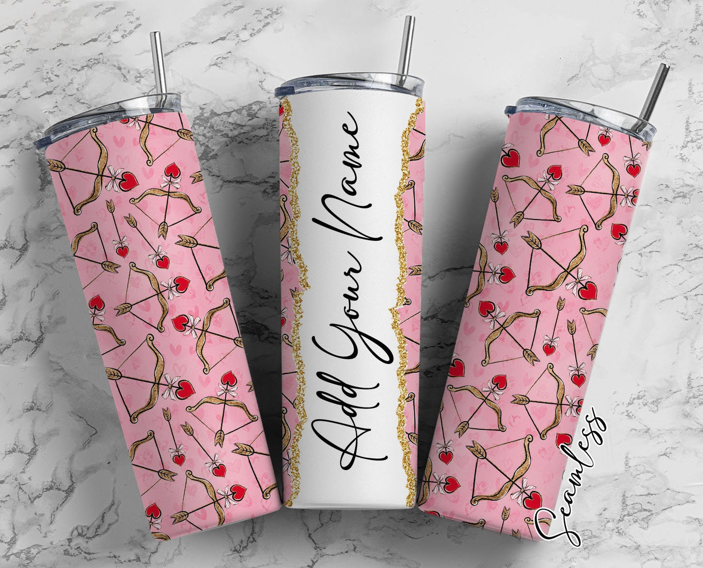 Cupid Arrow, Valentines Day, Pink Background Add Your Own Name, 20oz Sublimation Tumbler Designs, Skinny Tumbler Wraps Template - 1528