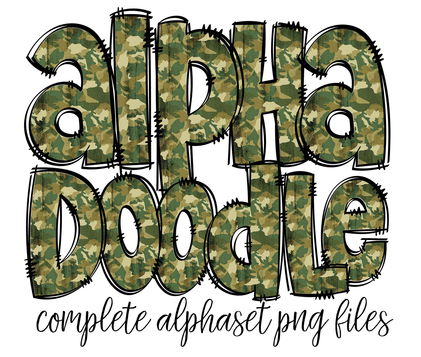 Camo Doodle letters, Hand Drawn Doodle Alpha Bundle Patterned Numbers & Alphabet Doodle Set Sublimation Font PNG