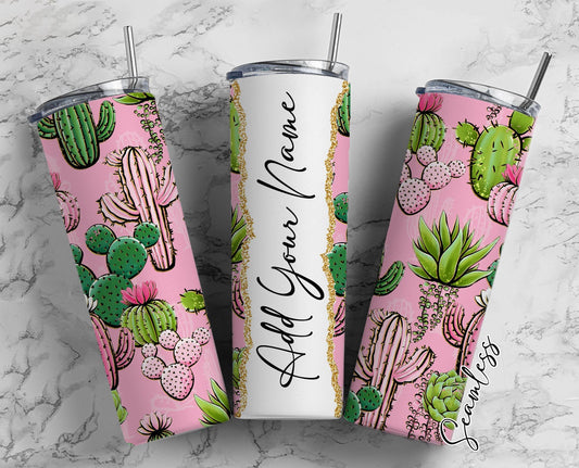 Cactus On Pink Background Add Your Own Name, 20oz Sublimation Tumbler Designs, Skinny Tumbler Wraps Template - 90