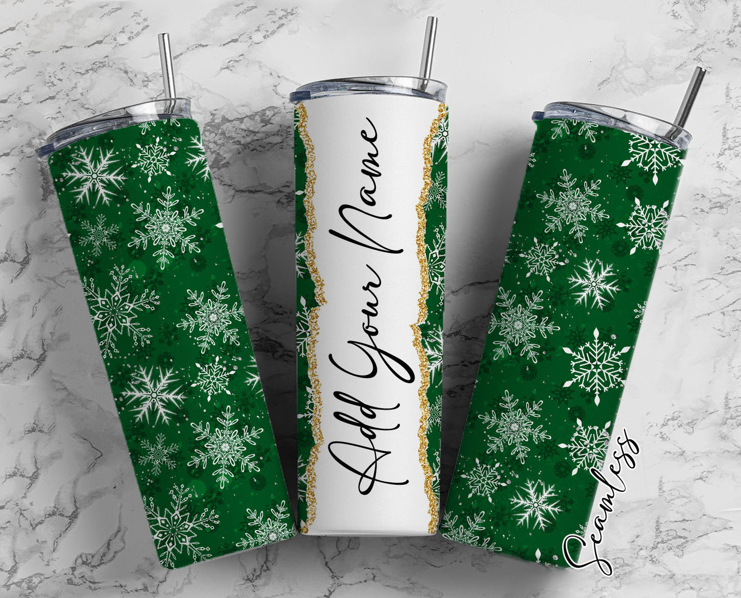 Green Snowflakes Add Your Own Name, 20oz Sublimation Tumbler Designs, Skinny Tumbler Wraps Template - 42