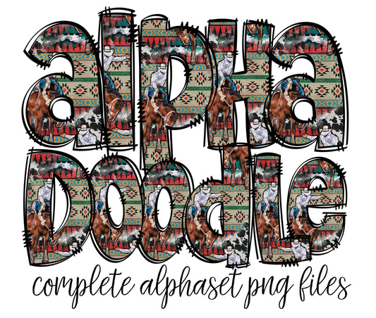 Horse Western Doodle letters, Hand Drawn Doodle Alpha Bundle Patterned Numbers & Alphabet Doodle Set Sublimation Font PNG