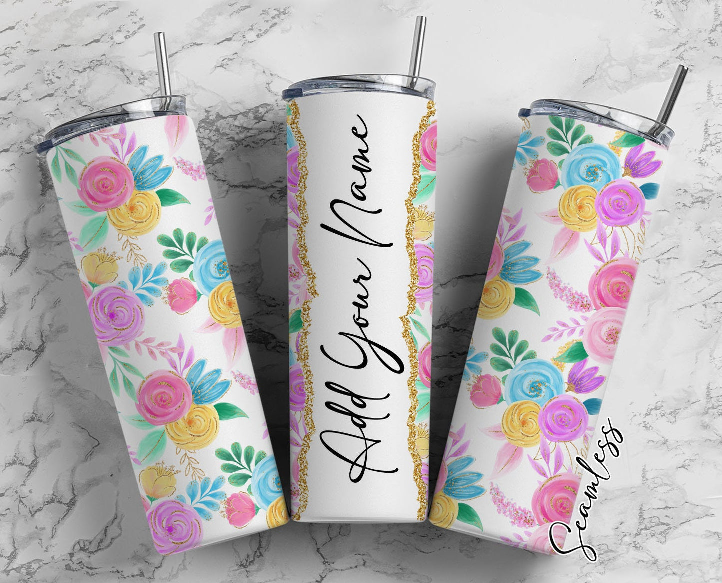 Watercolor Floral Background, Flower Pattern Add Your Own Name, 20oz Sublimation Tumbler Designs, Skinny Tumbler Wraps Template - 2028