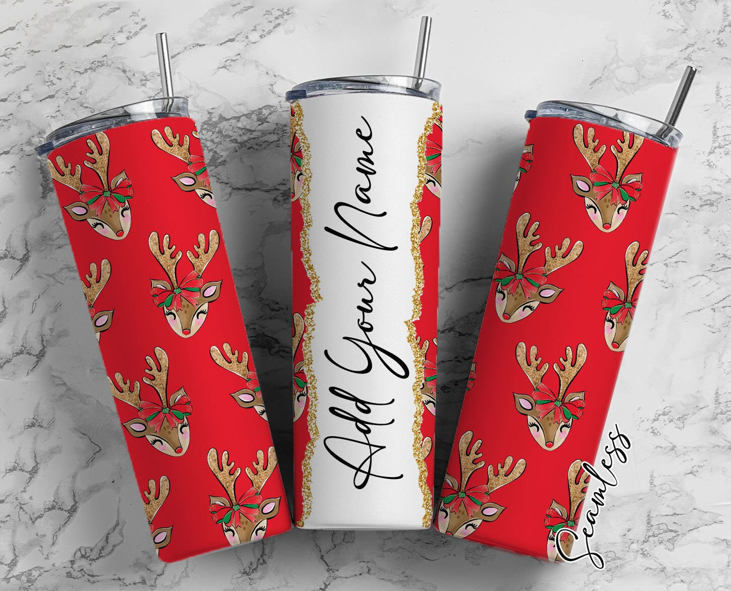 Cute Reindeer Add Your Own Name, 20oz Sublimation Tumbler Designs, Skinny Tumbler Wraps Template - 1972