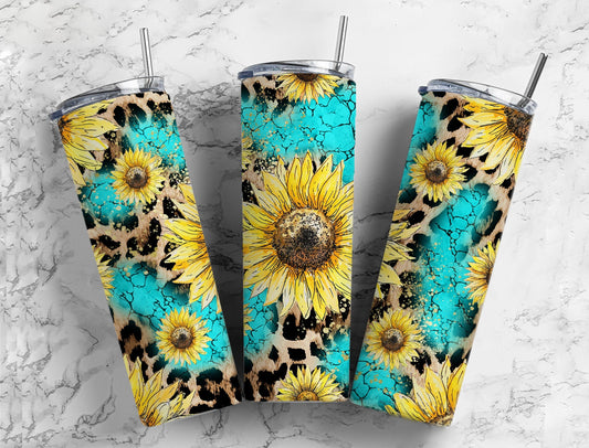 Turquoise Leopard Sunflower Sublimation Tumbler Designs, png for sublimation, tumbler png designs, 20oz Straight tumbler wrap bundle