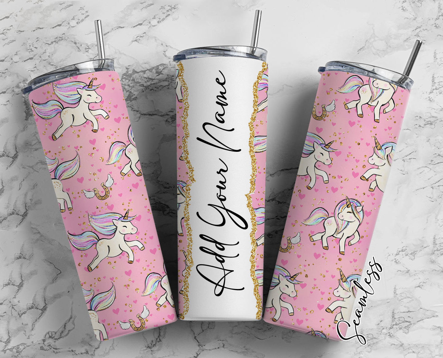 Unicorn And Pink Hearts Add Your Own Name, 20oz Sublimation Tumbler Designs, Skinny Tumbler Wraps Template - 786