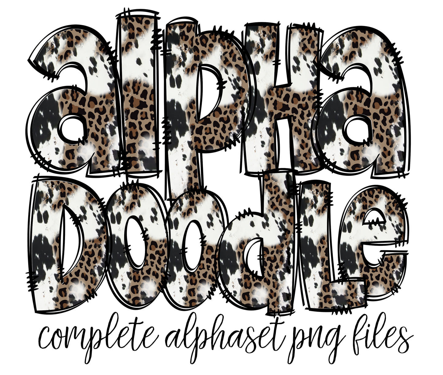 Rustic Cowhide Doodle Alphabet Letters PNG Bundle, Cow Print Country Design Hand Drawn Doodle, Cow Print Sublimation Alpha Set Designs PNG