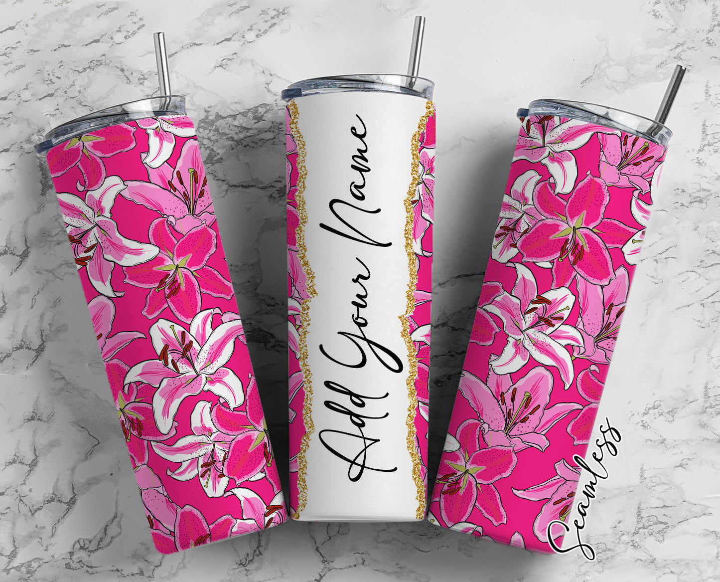 Pink Floral Add Your Own Name, 20oz Sublimation Tumbler Designs, Skinny Tumbler Wraps Template - 358