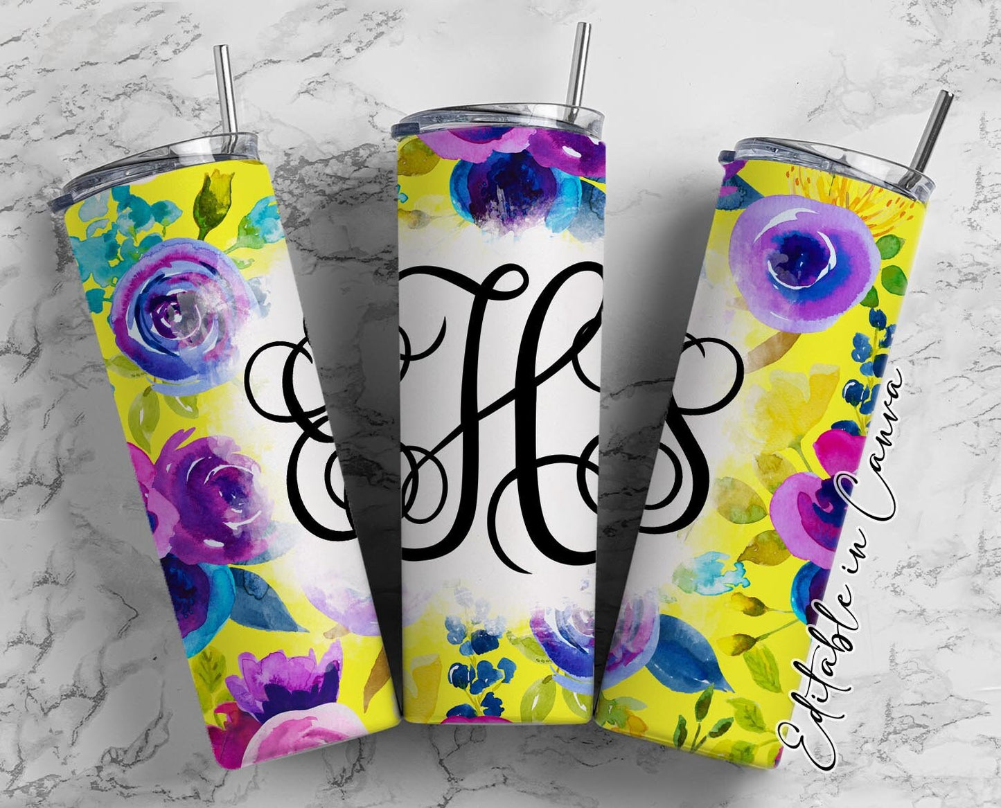 EDITABLE Floral Monogram 20oz Straight Tumbler Wrap Designs, Make Your Own Custom Peronalized Design, Purple Flowers, Easy Canva Tempalte