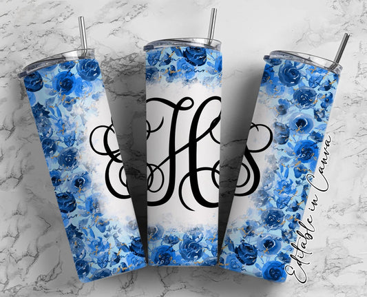 EDITABLE Flowers Blue Monogram 20oz Straight Tumbler Wrap Designs, Make Your Own Custom Peronalized Design, Easy Canva Tempalte