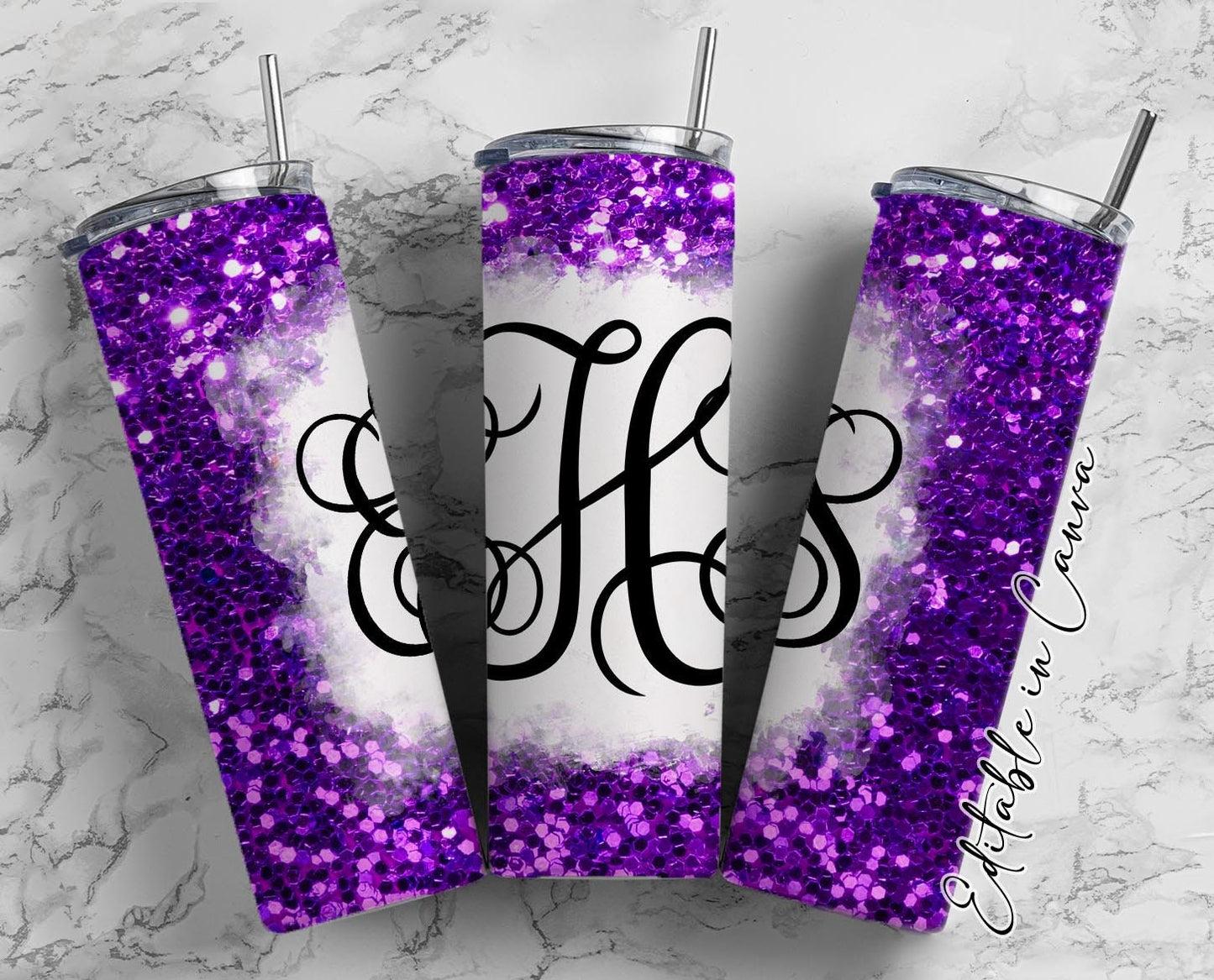 EDITABLE Purple Glitter Monogram 20oz Straight Tumbler Wrap Designs, Make Your Own Custom Peronalized Design, Easy Canva Tempalte