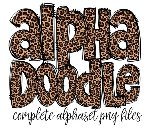 Leopard Print Doodle letters, Hand Drawn Doodle Alpha Bundle, Sublimation Font PNG, Patterned Numbers & Alphabet,