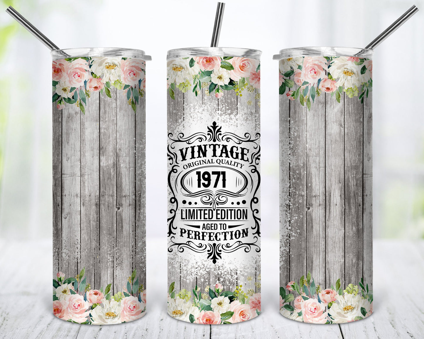 51st Birthday 1971 Wood Floral Background Vintage Sublimation Seamless Design Tumbler - 20oz Skinny Straight Tumbler Wraps Template - PNG