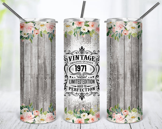 51st Birthday 1971 Wood Floral Background Vintage Sublimation Seamless Design Tumbler - 20oz Skinny Straight Tumbler Wraps Template - PNG