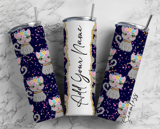 Floral Cat Seamless Add Your Own Name, 20oz Sublimation Tumbler Designs, Skinny Tumbler Wraps Template - 1969