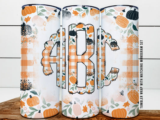 Boho Fall Pumpkins Monogram with Matching Tumbler Wrap, Add Your Own Custom Initials Gingham Monogram Letters Transparent Background PNG