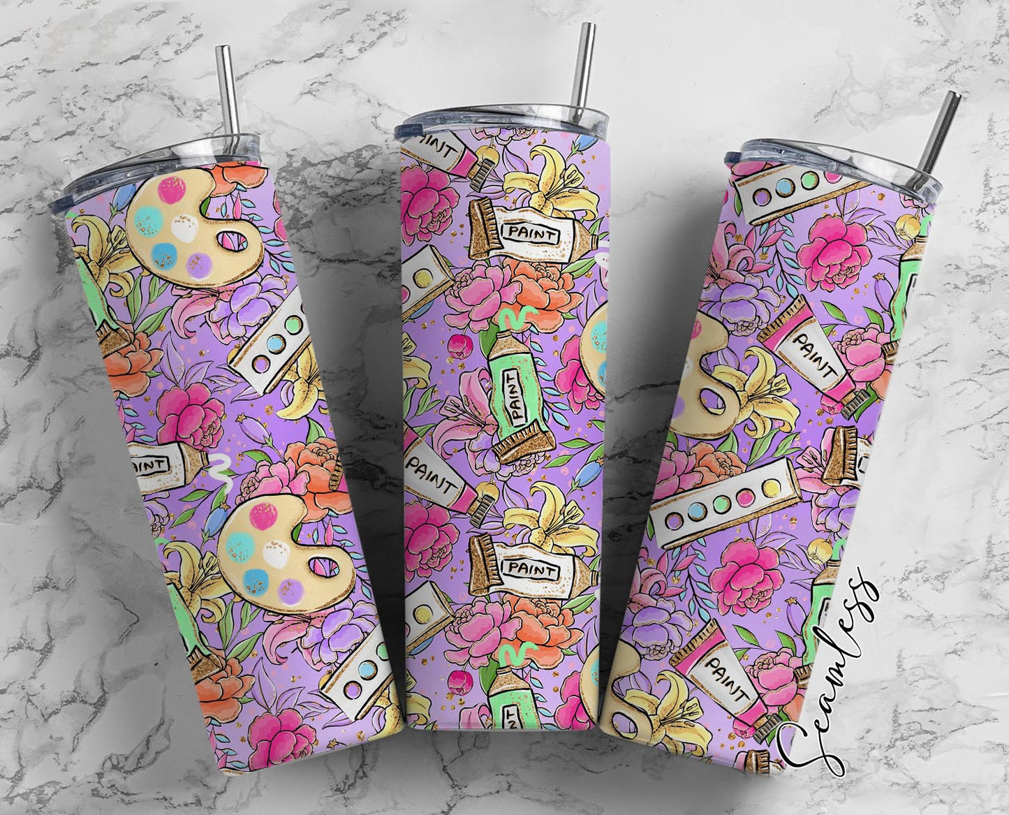 Watercolor Flowers, Botanical Flowers 20oz Tumbler Wrap, Seamless Skinny Tumbler, Sublimation Design PNG - 1301