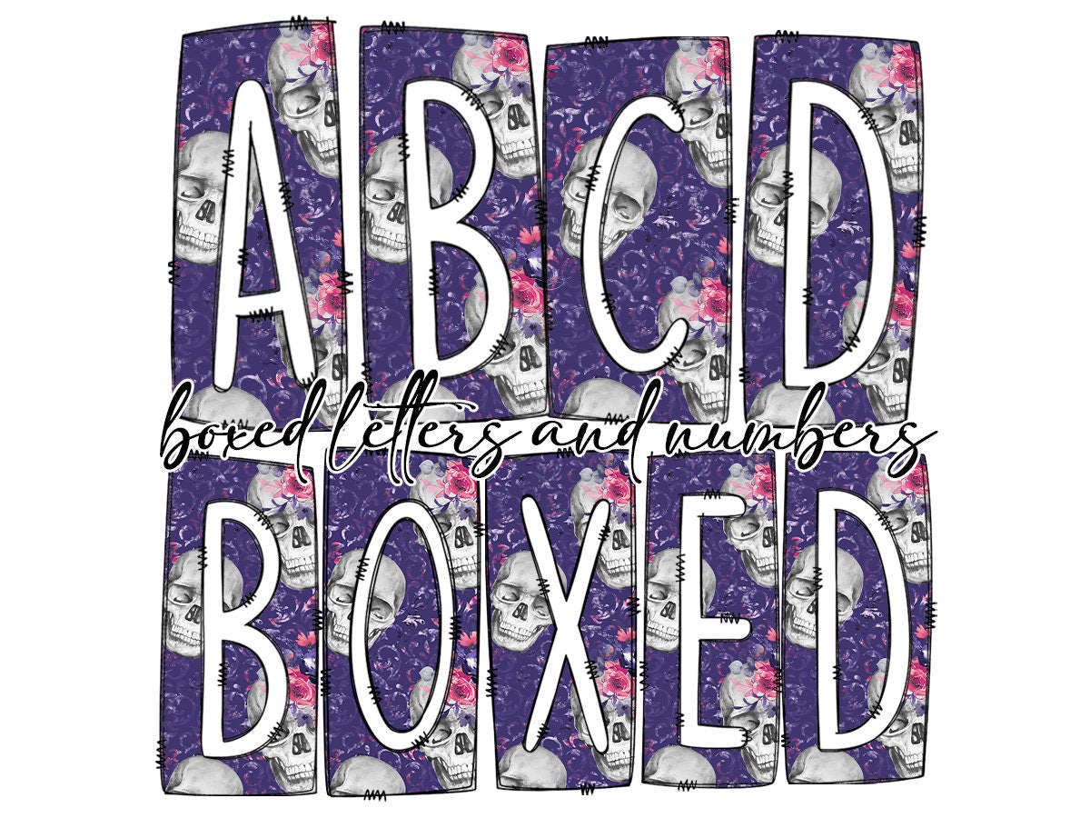 Purple Floral Skull Box Doodle Letters, Western Hand Drawn Doodle Alphabet Set, Sublimation Designs PNG - 1642