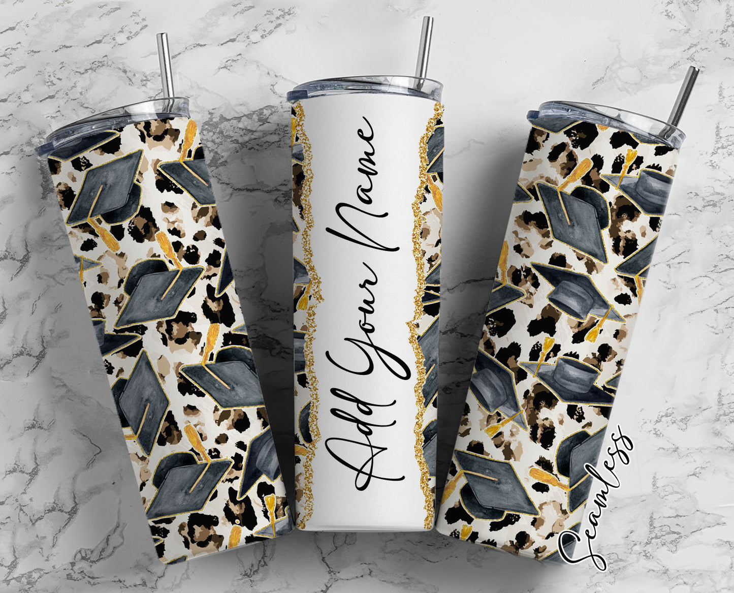 Graduation Hat On Leopard Print Add Your Own Name, 20oz Sublimation Tumbler Designs, Skinny Tumbler Wraps Template - 87 PATTERN