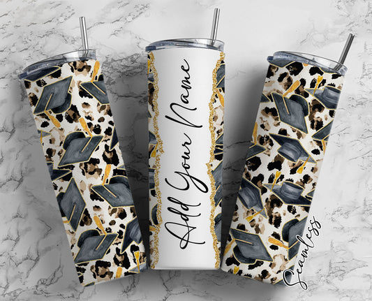 Graduation Hat On Leopard Print Add Your Own Name, 20oz Sublimation Tumbler Designs, Skinny Tumbler Wraps Template - 87 PATTERN