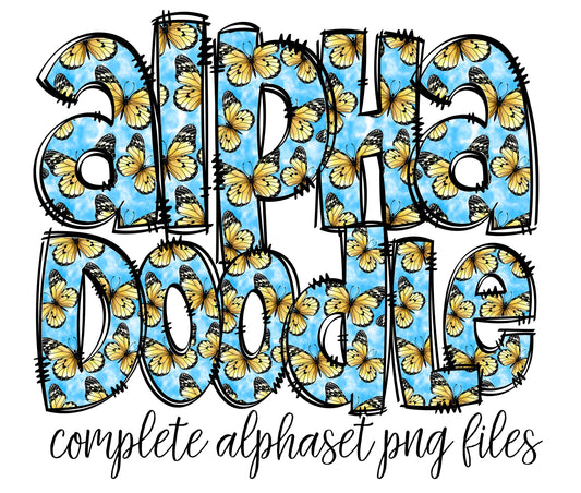 Blue Butterfly Doodle letters, Hand Drawn Doodle Alpha Bundle, Sublimation Font PNG, Patterned Numbers & Alphabet,