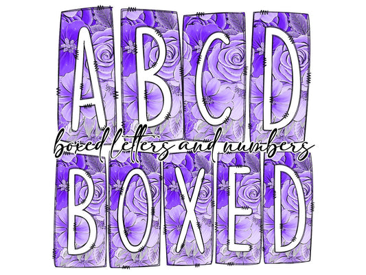 Purple Flowers Floral Box Doodle Letters, Western Hand Drawn Doodle Alphabet Set, Sublimation Designs PNG - 2191