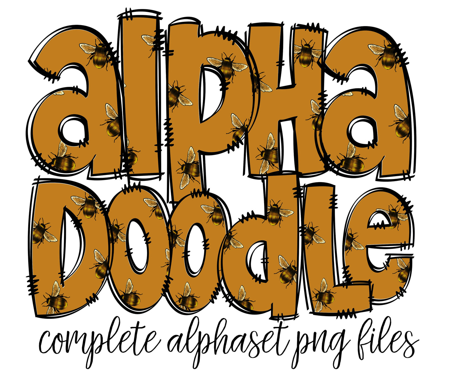 Bees Doodle letters, Hand Drawn Doodle Alpha Bundle Patterned Numbers & Alphabet Doodle Set Sublimation Font PNG