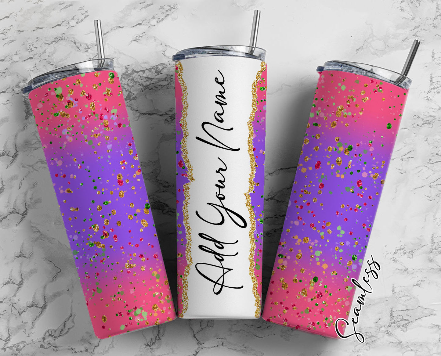 Glitter Gradient Pink And Purple Add Your Own Name, 20oz Sublimation Tumbler Designs, Skinny Tumbler Wraps Template - 832