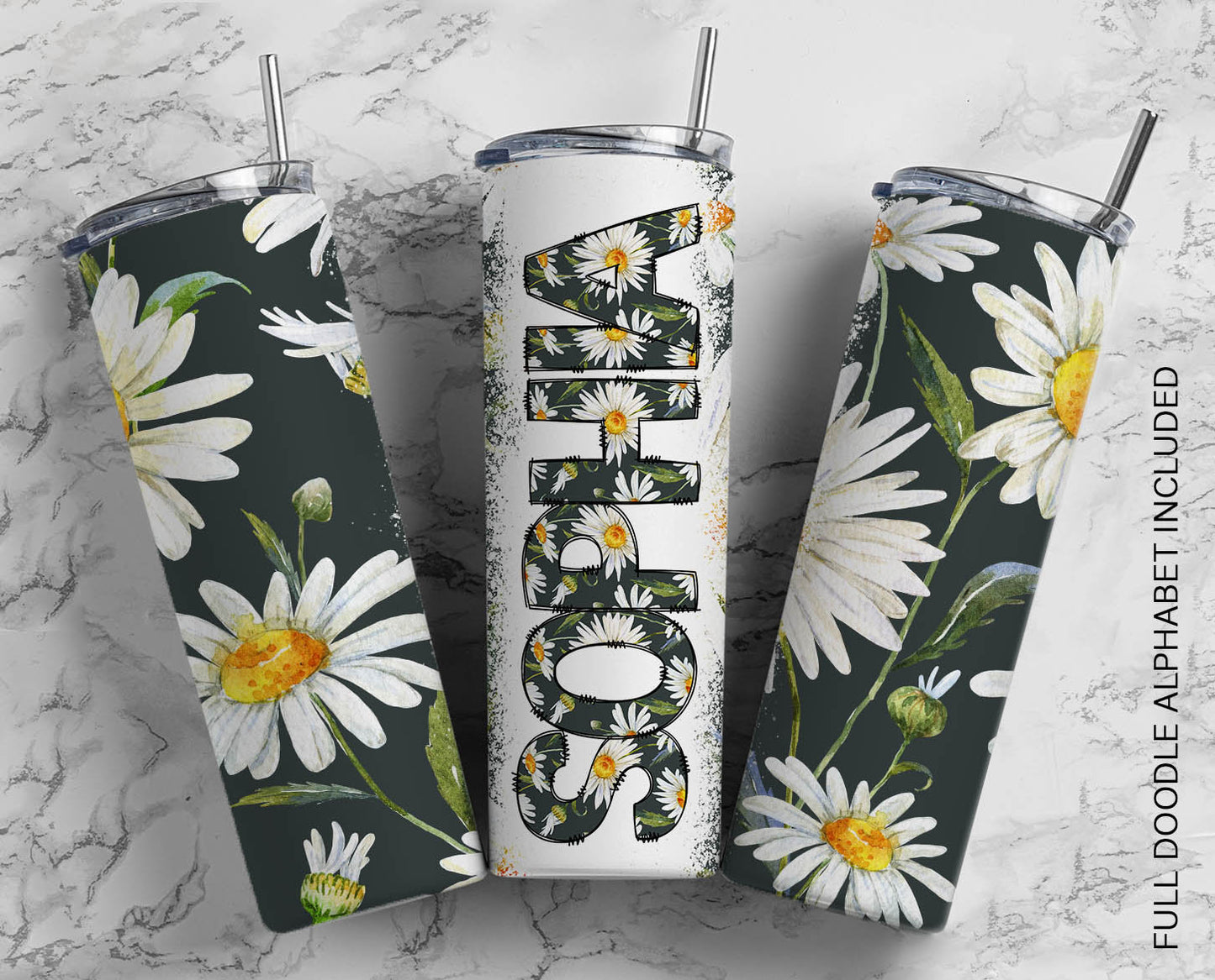 Daisy Doodle Letters with Matching Tumbler Template, Flower Floral Doodle Alphabet Font PNG, 20 oz Tumbler, Sublimation, Waterslide Designs