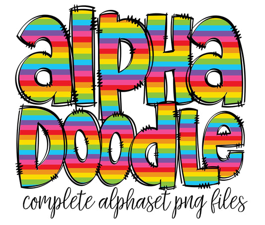 Rainbow Stripes Doodle letters, Hand Drawn Doodle Alpha Bundle Patterned Numbers & Alphabet Doodle Set Sublimation Font PNG