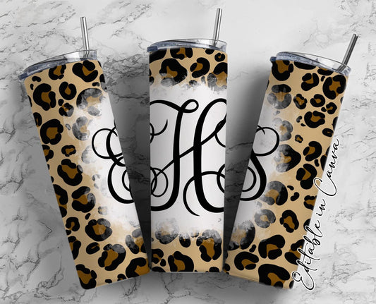 EDITABLE Leopard Monogram 20oz Straight Tumbler Wrap Designs, Make Your Own Custom Peronalized Design, Cheetah Easy Canva Tempalte