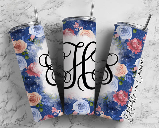 EDITABLE Floral Monogram 20oz Straight Tumbler Wrap Designs, Make Your Own Custom Peronalized Design, Flowers Easy Canva Tempalte