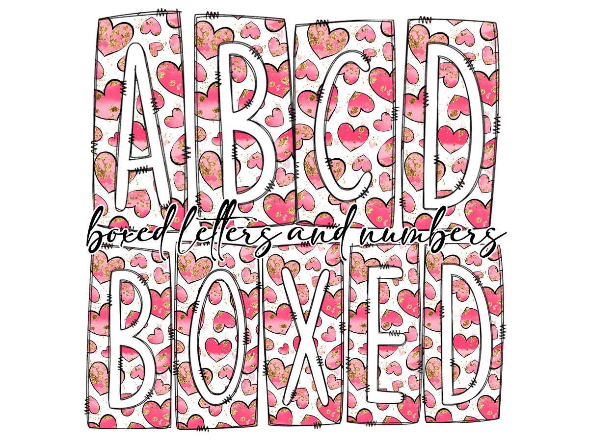 Hearts Valentines Day Box Doodle Letters, Western Hand Drawn Doodle Alphabet Set, Sublimation Designs PNG - 1747