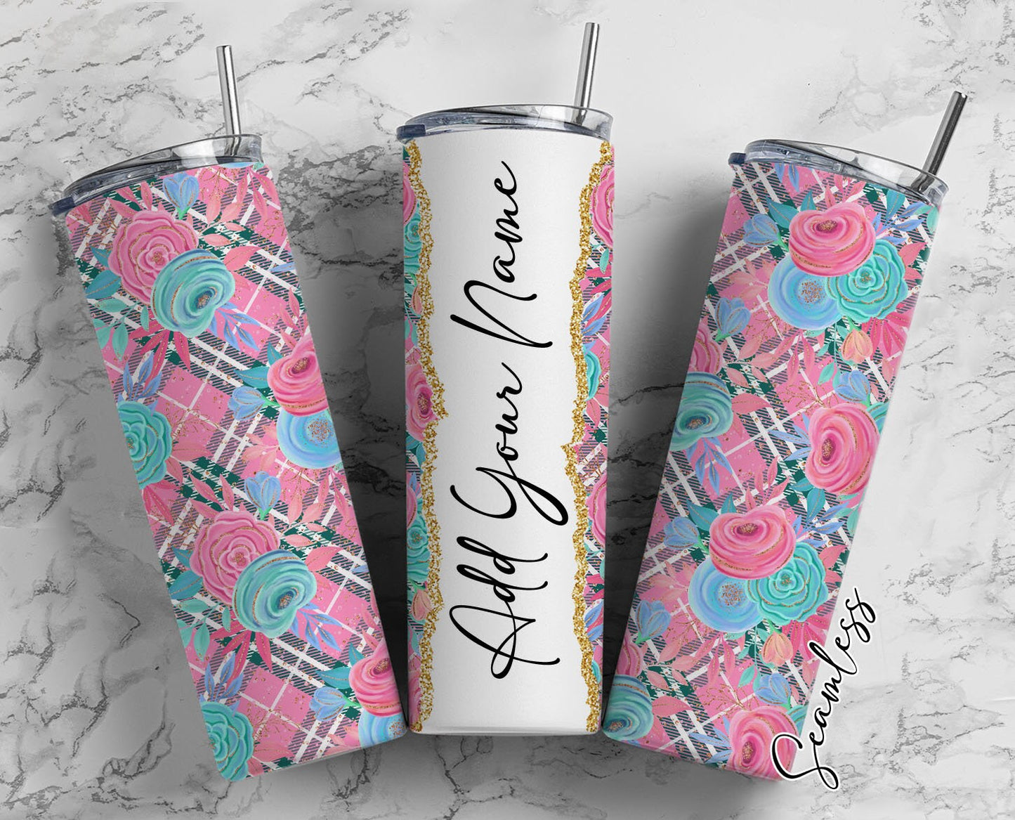 Watercolor Floral Plaid, Plaid Background, Flowers Add Your Own Name, 20oz Sublimation Tumbler Designs, Skinny Tumbler Wraps Template - 1424