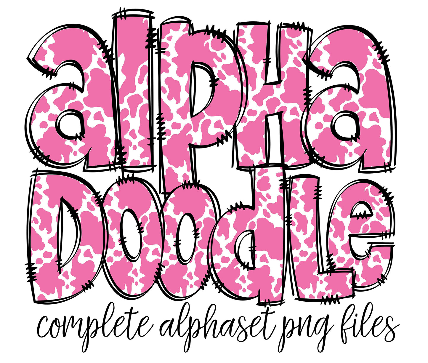 Pink Cow Strawberry Cow Print Doodle letters, Hand Drawn Doodle Alpha Bundle, Sublimation Font PNG, Patterned Numbers & Alphabet, 67 PATTERN