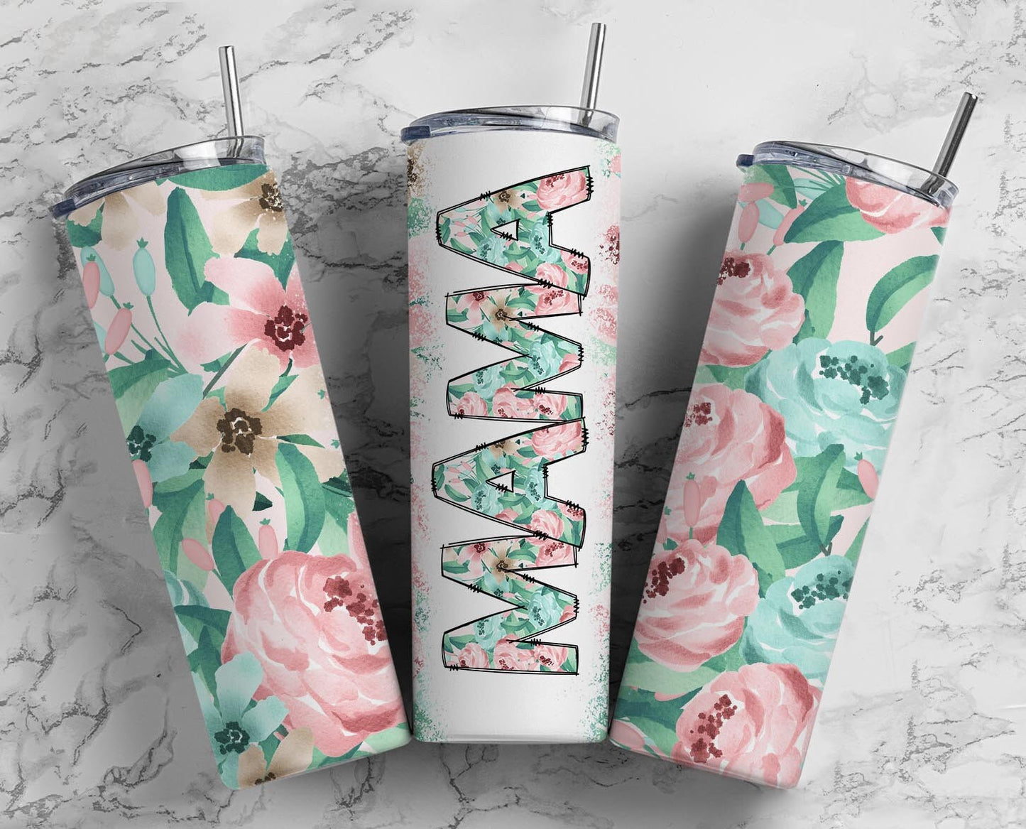 Pink Teal Flowers Mama Seamless 20oz Sublimation Tumbler, Mothers Day Straight Tumbler, Mama Tumbler, Seamless Tumbler, Mom Tumbler Wrap PNG