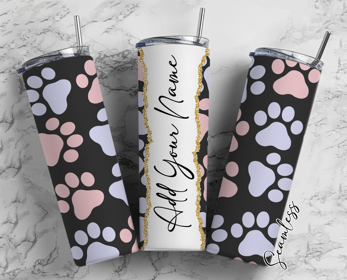 Paw Print Add Your Own Name, 20oz Sublimation Tumbler Designs, Skinny Tumbler Wraps Template - 449 PATTERN