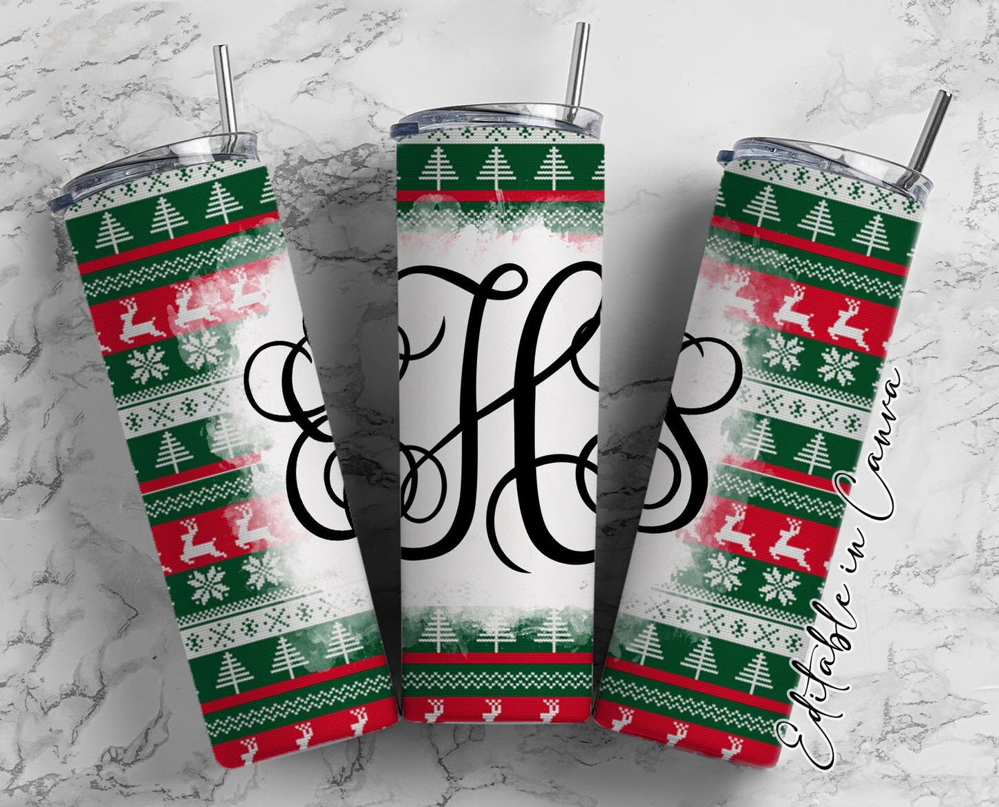 EDITABLE Christmas Monogram 20oz Straight Tumbler Wrap Designs, Make Your Own Custom Peronalized Design, Ugly Sweater Canva Tempalt