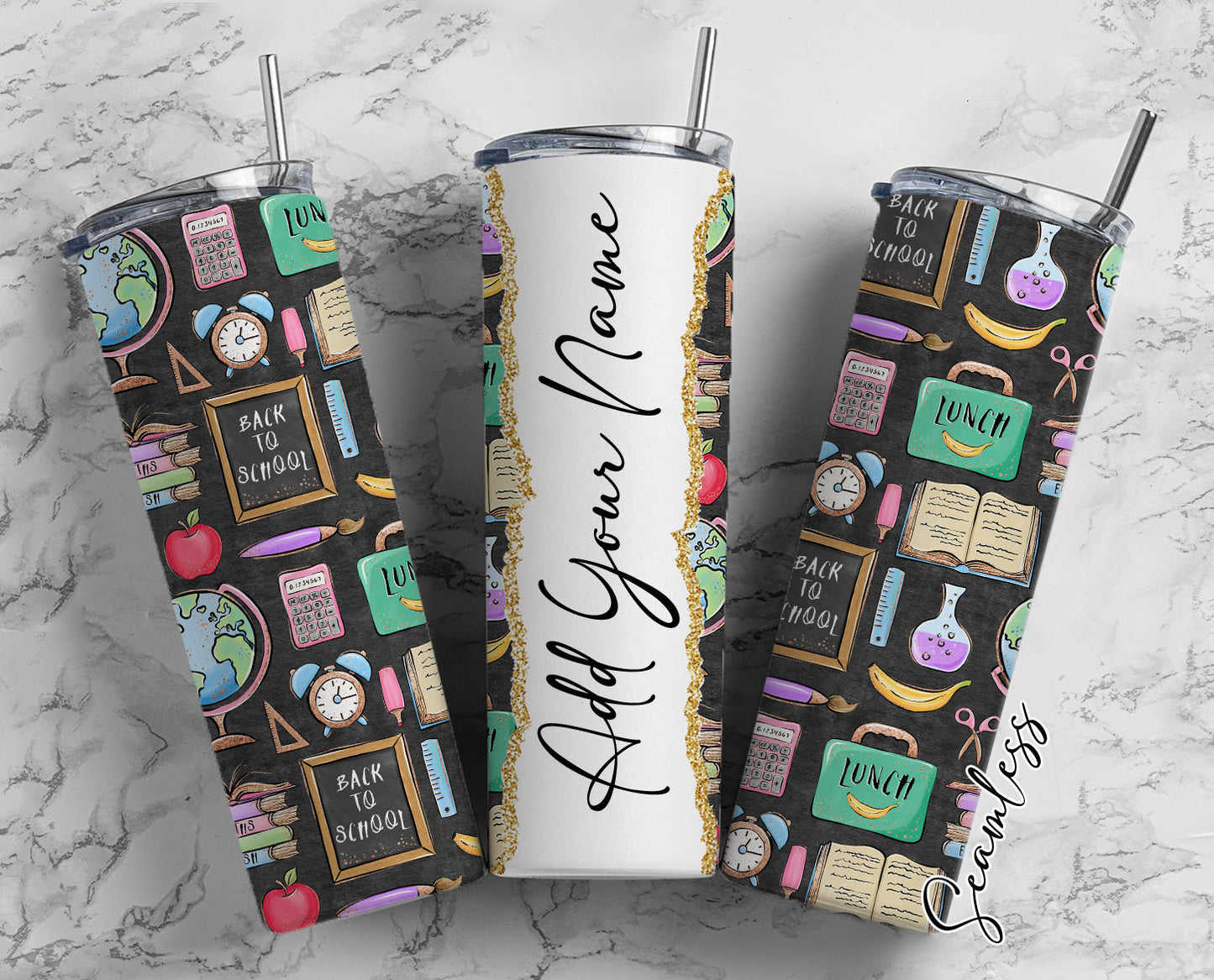 School Items Pattern Add Your Own Name, 20oz Sublimation Tumbler Designs, Skinny Tumbler Wraps Template - 562