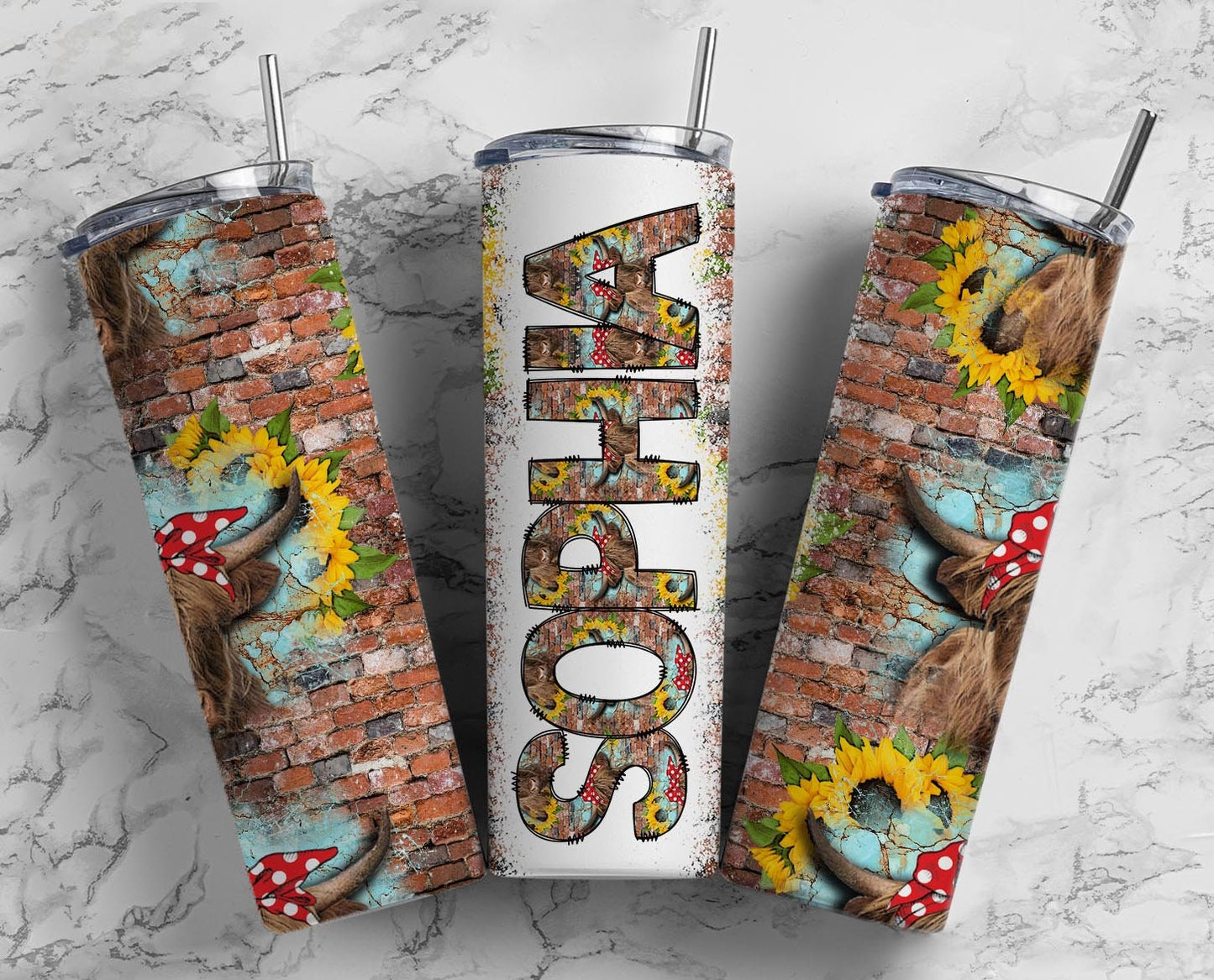 Tumbler + Doodle Letter Set, Add Your Own Name, Highland Cow Western Tumbler Design Seamless Country Sublimation Designs, Straight 20oz PNG