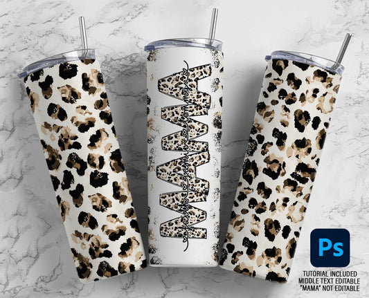 Leopard Cheetah Editable Kids Names Mom Tumbler Wrap, Edit in Photoshop Tutorial Included, Mom Sublimation 20oz Tumbler Designs PNG