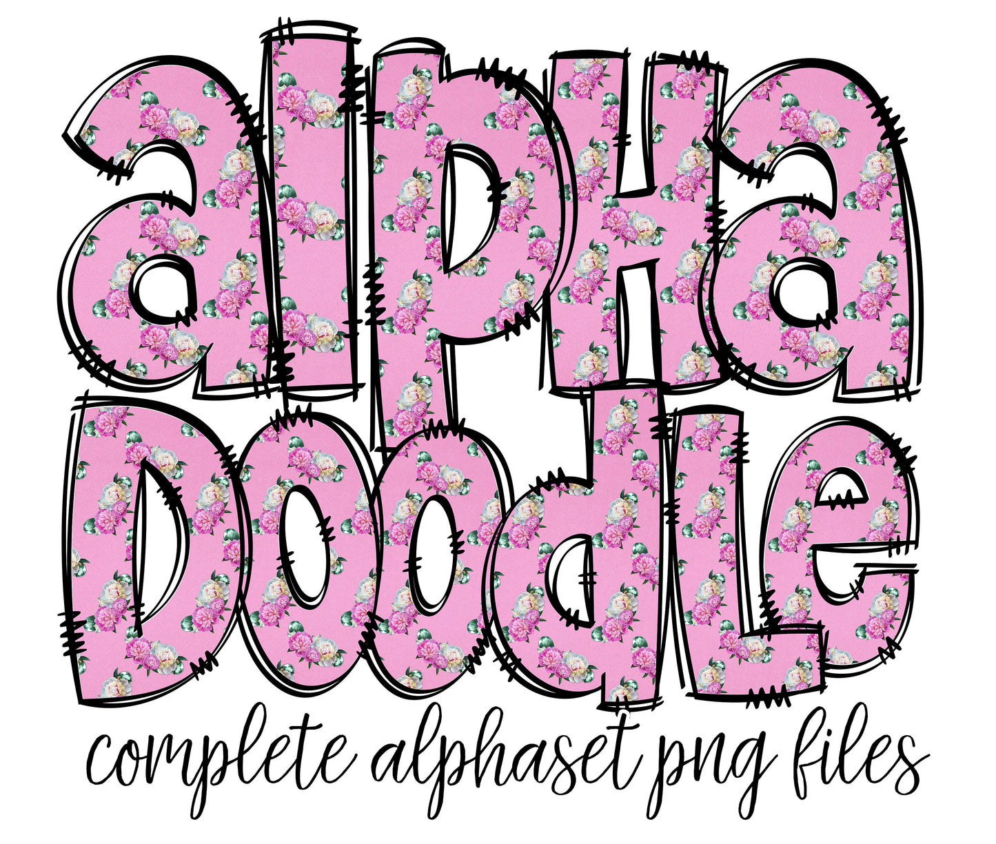 Pink Floral Doodle letters, Hand Drawn Doodle Alpha Bundle Patterned Numbers & Alphabet Doodle Set Sublimation Font PNG