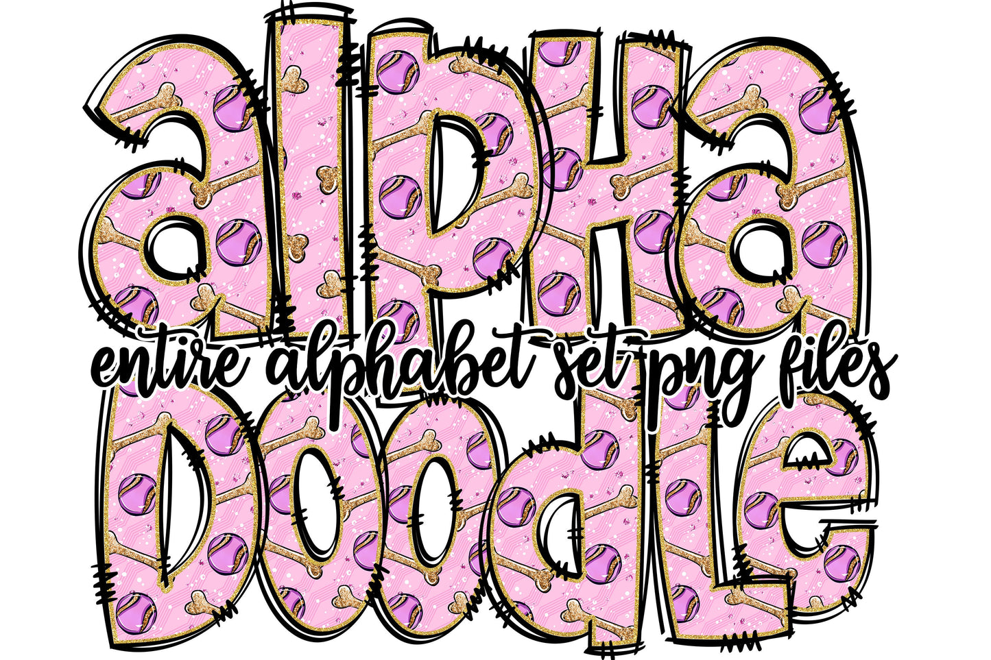 Dog Bone and Ball Doodle Alphabet Letters PNG Bundle, Design Hand Drawn Doodle, Dog Mom Sublimation Alpha Set Designs PNG Digital