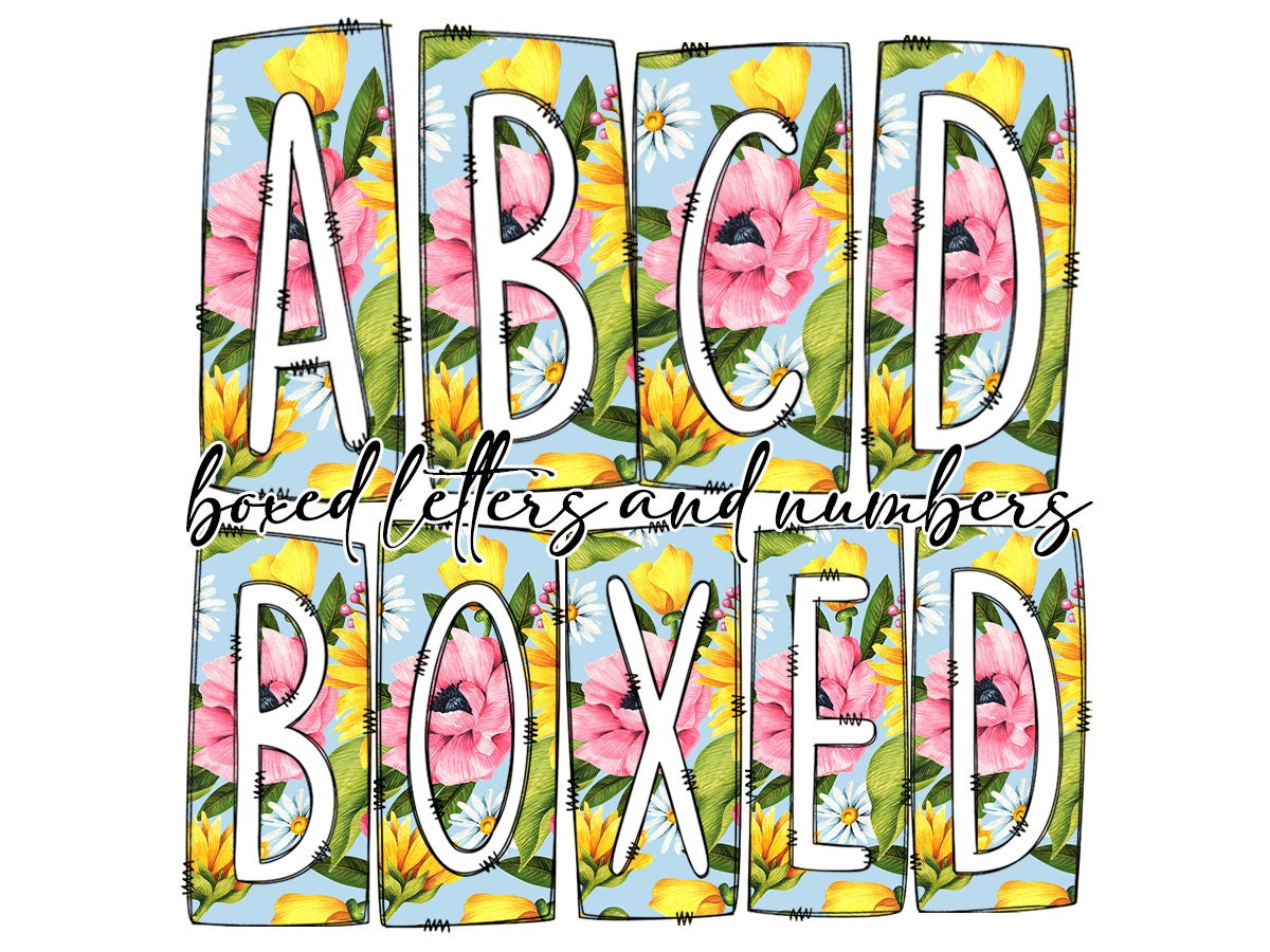 Blue and Pink Sunflower Daisys Box Doodle Letters, Western Hand Drawn Doodle Alphabet Set, Sublimation Designs PNG - 3 PATTERN